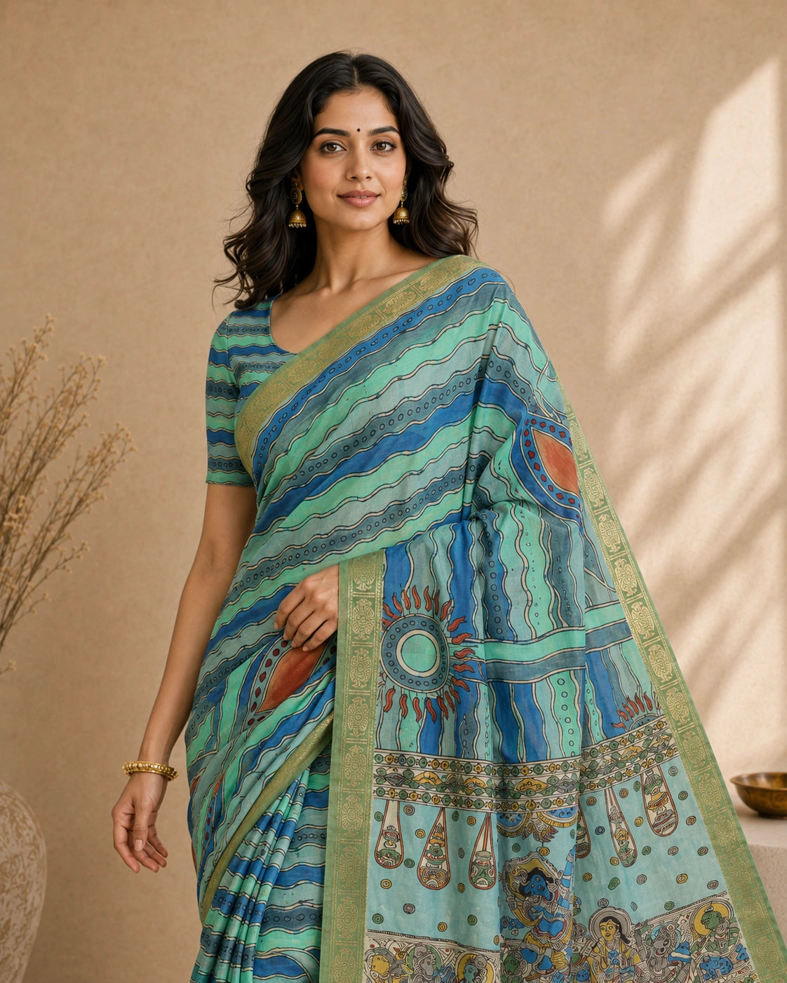 Elegant Kalamkari Cotton Silk Saree in Aqua Blue with Artistic Traditional Motifs