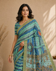 Elegant Kalamkari Cotton Silk Saree in Aqua Blue with Artistic Traditional Motifs