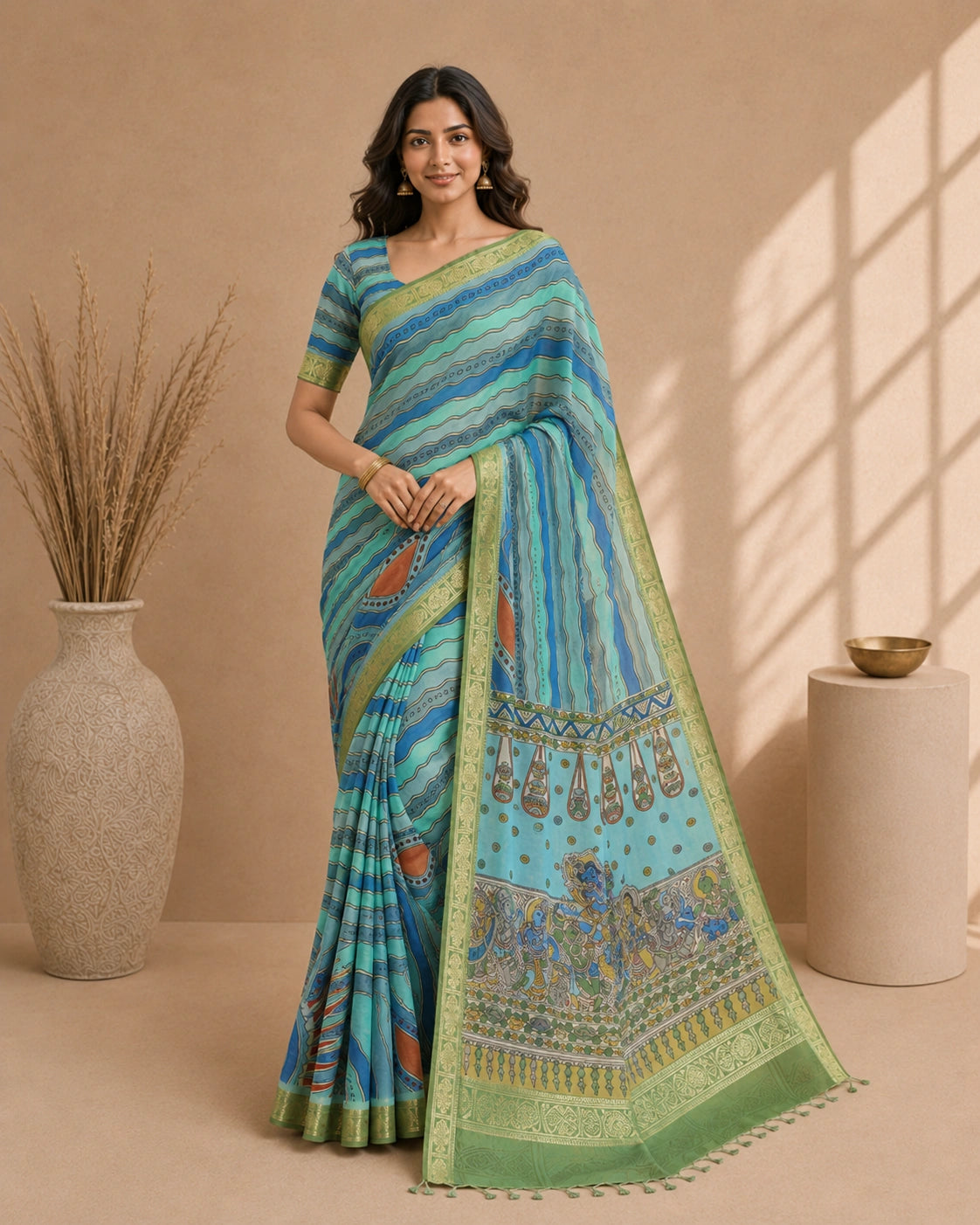 Elegant Kalamkari Cotton Silk Saree in Aqua Blue with Artistic Traditional Motifs