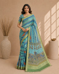 Elegant Kalamkari Cotton Silk Saree in Aqua Blue with Artistic Traditional Motifs