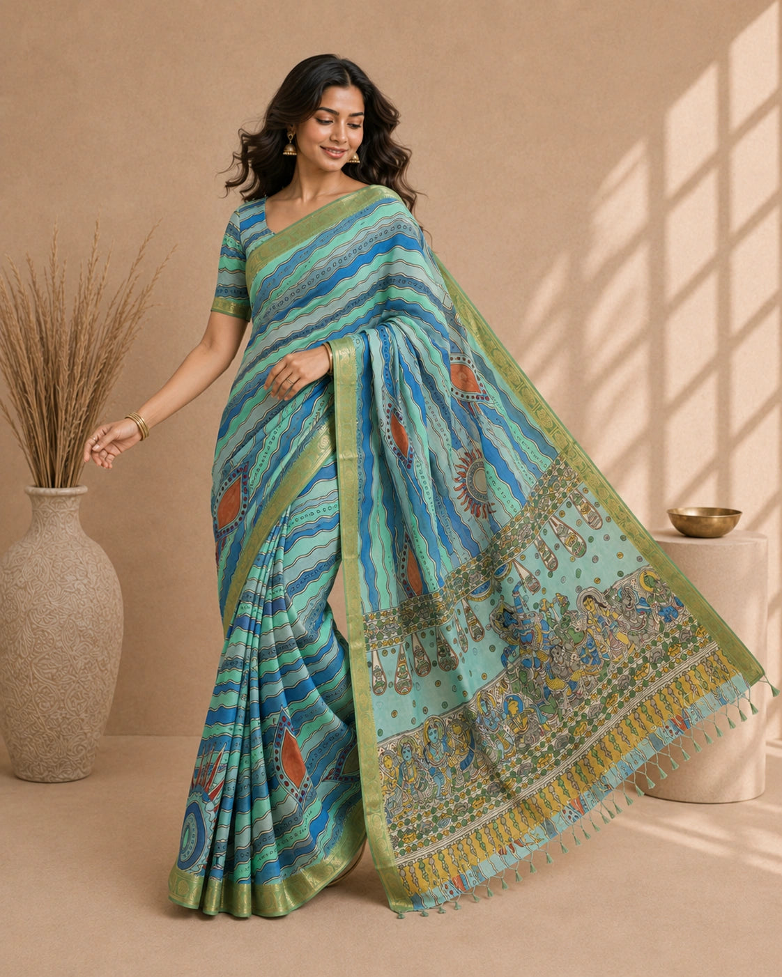 Elegant Kalamkari Cotton Silk Saree in Aqua Blue with Artistic Traditional Motifs