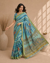 Elegant Kalamkari Cotton Silk Saree in Aqua Blue with Artistic Traditional Motifs