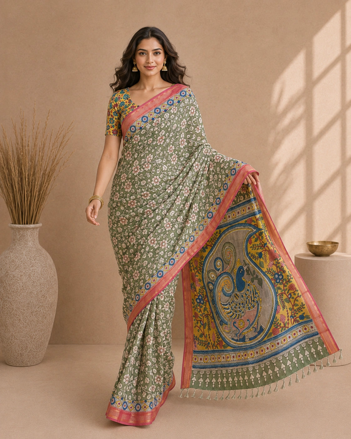 Kalamkari Floral Saree with Peacock Pallu | Cotton Silk Saree with Contrast Blouse | Elegant Ethnic Wear for Festive & Casual