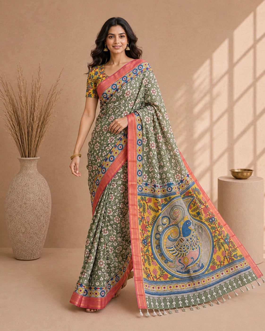 Kalamkari Floral Saree with Peacock Pallu | Cotton Silk Saree with Contrast Blouse | Elegant Ethnic Wear for Festive & Casual