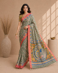 Kalamkari Floral Saree with Peacock Pallu | Cotton Silk Saree with Contrast Blouse | Elegant Ethnic Wear for Festive & Casual