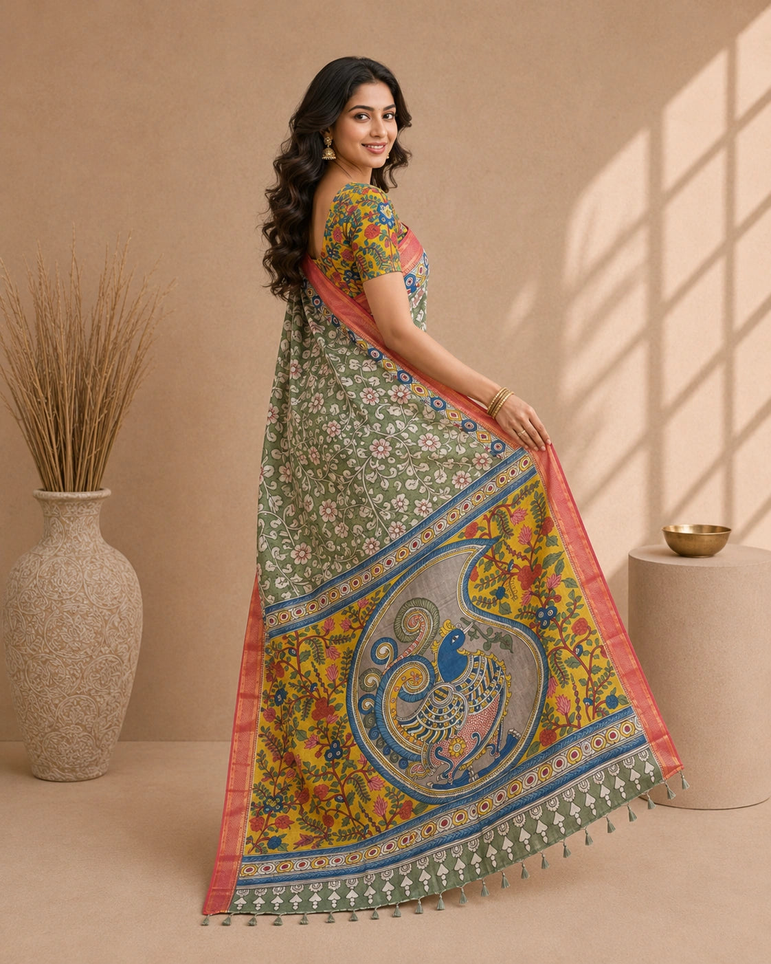 Kalamkari Floral Saree with Peacock Pallu | Cotton Silk Saree with Contrast Blouse | Elegant Ethnic Wear for Festive & Casual