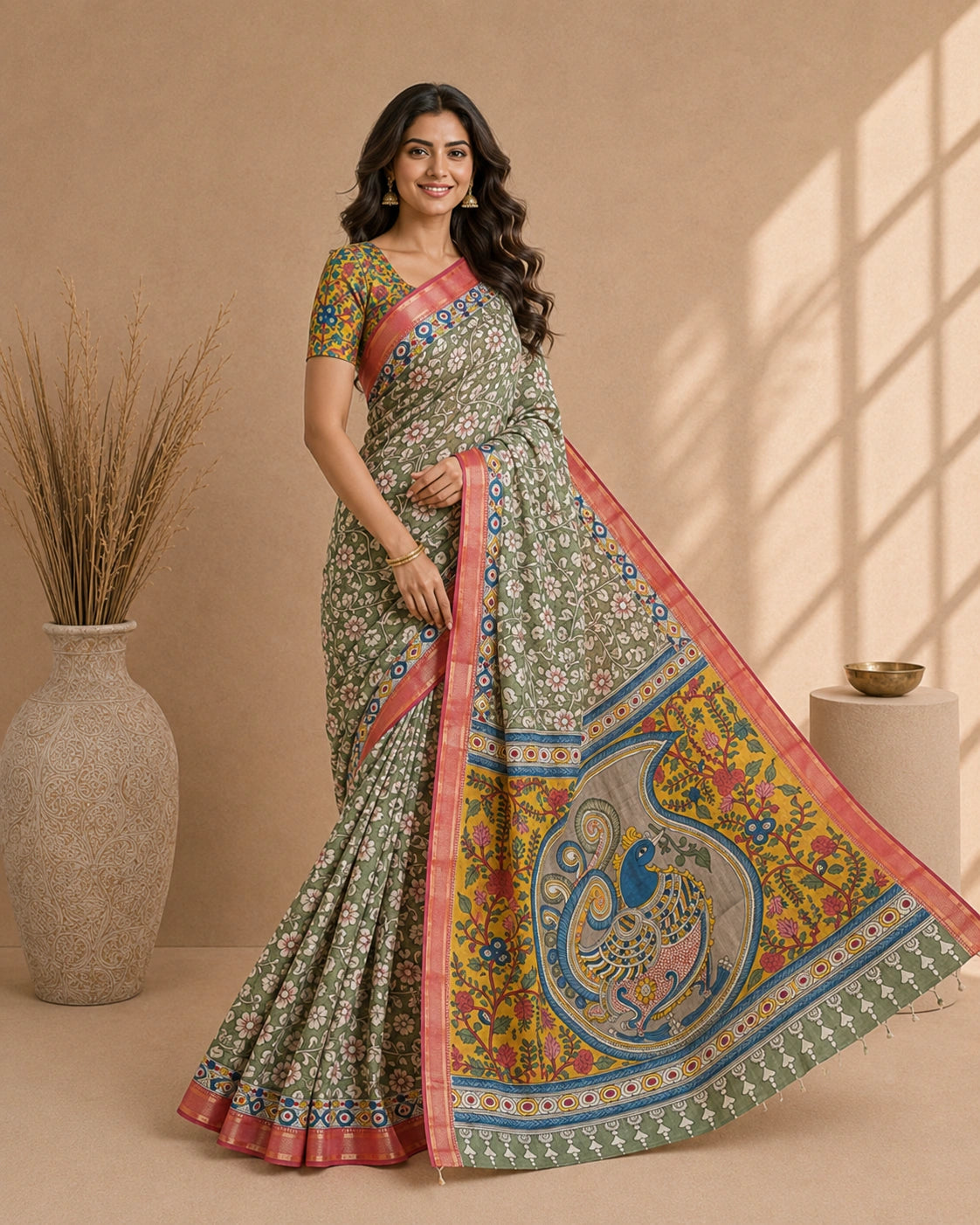 Kalamkari Floral Saree with Peacock Pallu | Cotton Silk Saree with Contrast Blouse | Elegant Ethnic Wear for Festive & Casual
