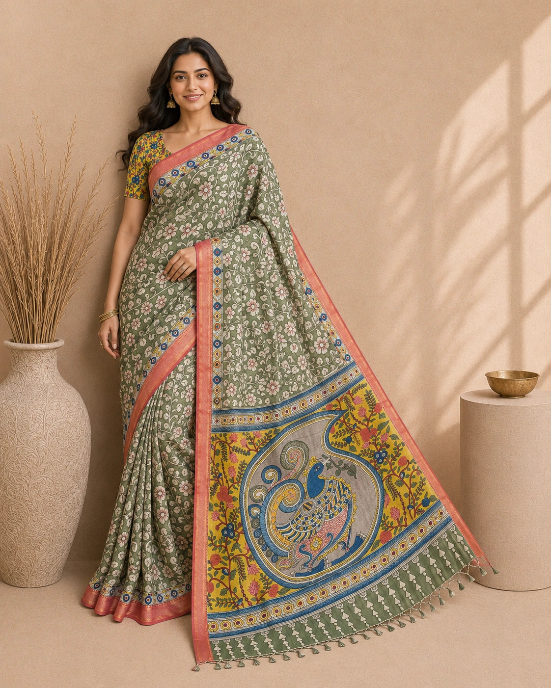 Kalamkari Floral Saree with Peacock Pallu | Cotton Silk Saree with Contrast Blouse | Elegant Ethnic Wear for Festive & Casual