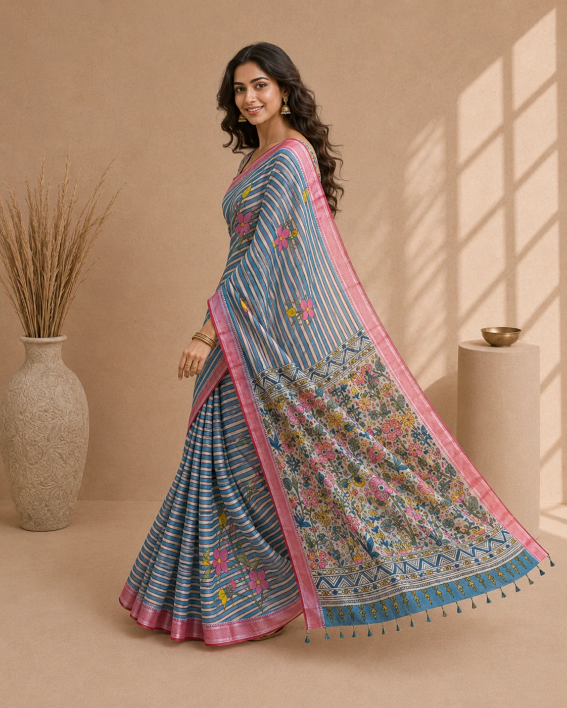 Elegant Kalamkari Floral Cotton Silk Saree with Striped Pallu & Contrast Blouse | Traditional Indian Ethnic Wear