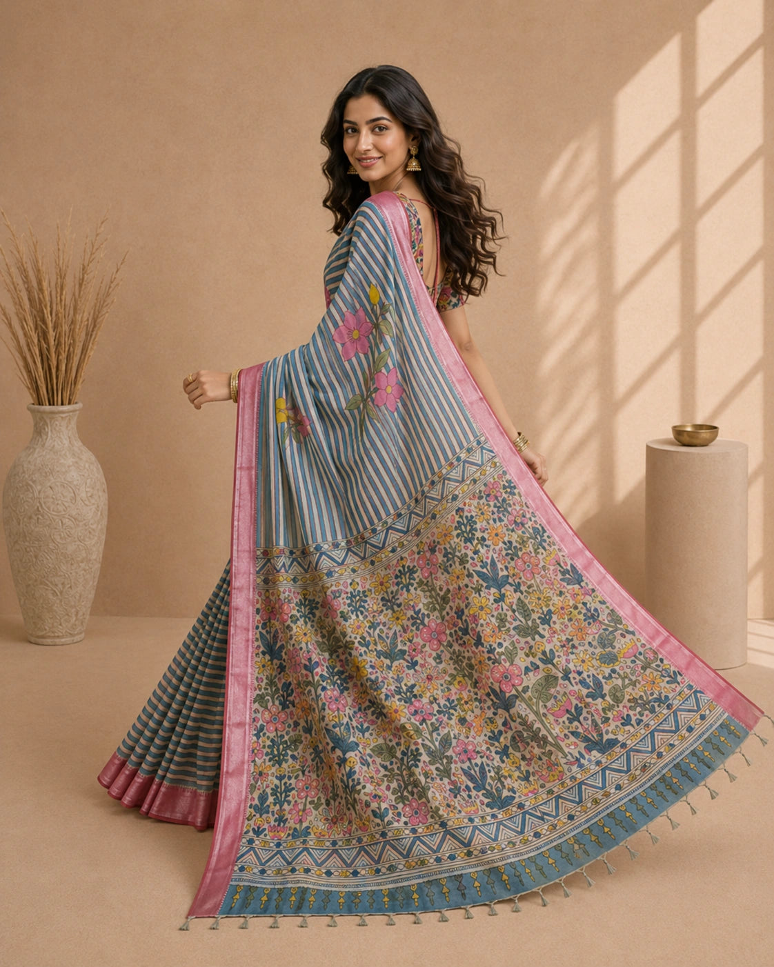 Elegant Kalamkari Floral Cotton Silk Saree with Striped Pallu & Contrast Blouse | Traditional Indian Ethnic Wear