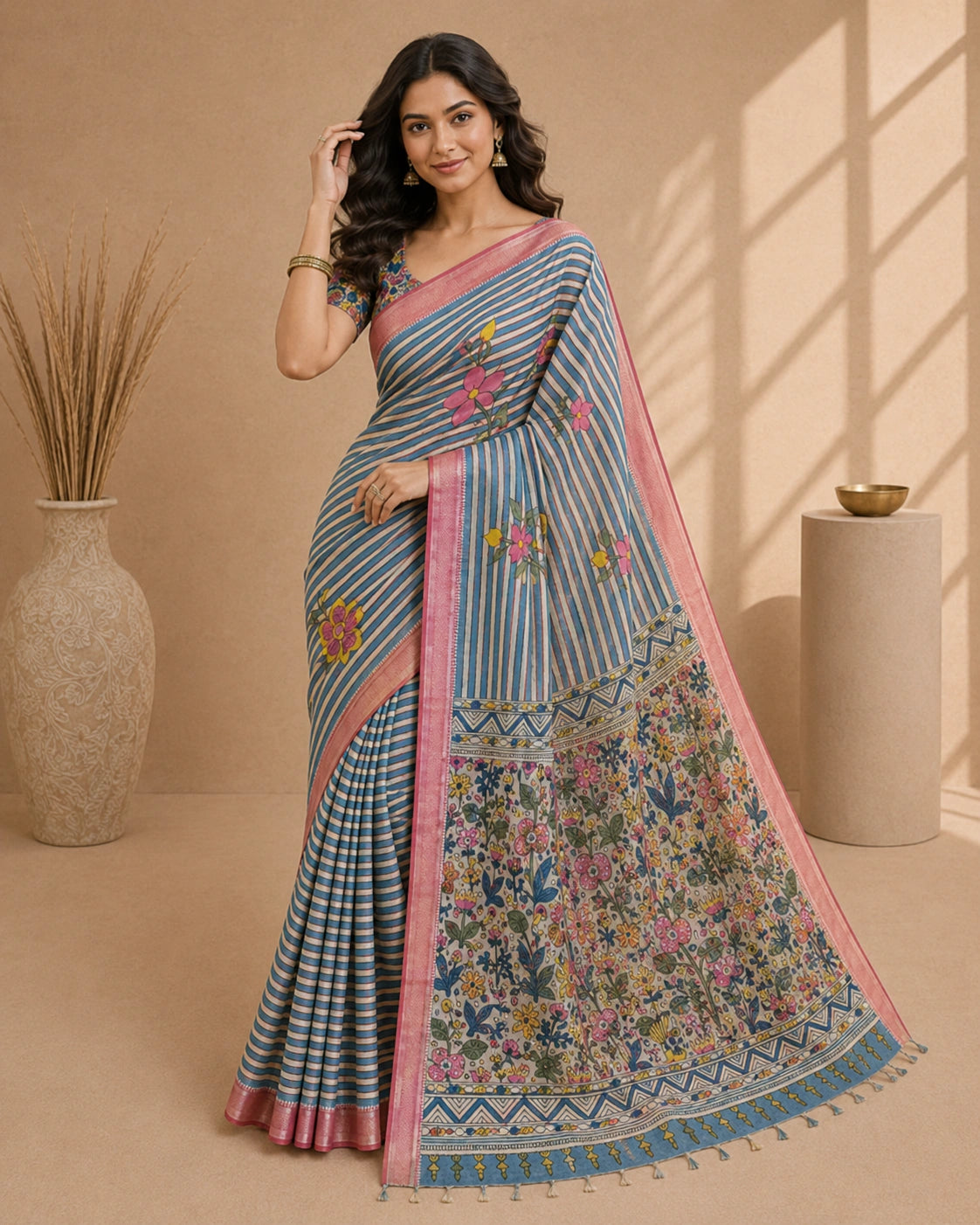Elegant Kalamkari Floral Cotton Silk Saree with Striped Pallu & Contrast Blouse | Traditional Indian Ethnic Wear
