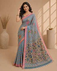 Elegant Kalamkari Floral Cotton Silk Saree with Striped Pallu & Contrast Blouse | Traditional Indian Ethnic Wear