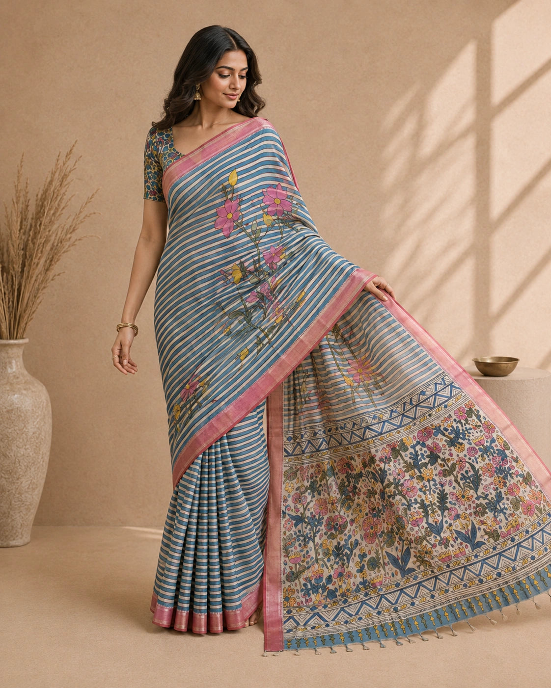 Elegant Kalamkari Floral Cotton Silk Saree with Striped Pallu & Contrast Blouse | Traditional Indian Ethnic Wear