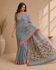 Elegant Kalamkari Floral Cotton Silk Saree with Striped Pallu & Contrast Blouse | Traditional Indian Ethnic Wear