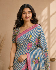 Elegant Kalamkari Floral Cotton Silk Saree with Striped Pallu & Contrast Blouse | Traditional Indian Ethnic Wear