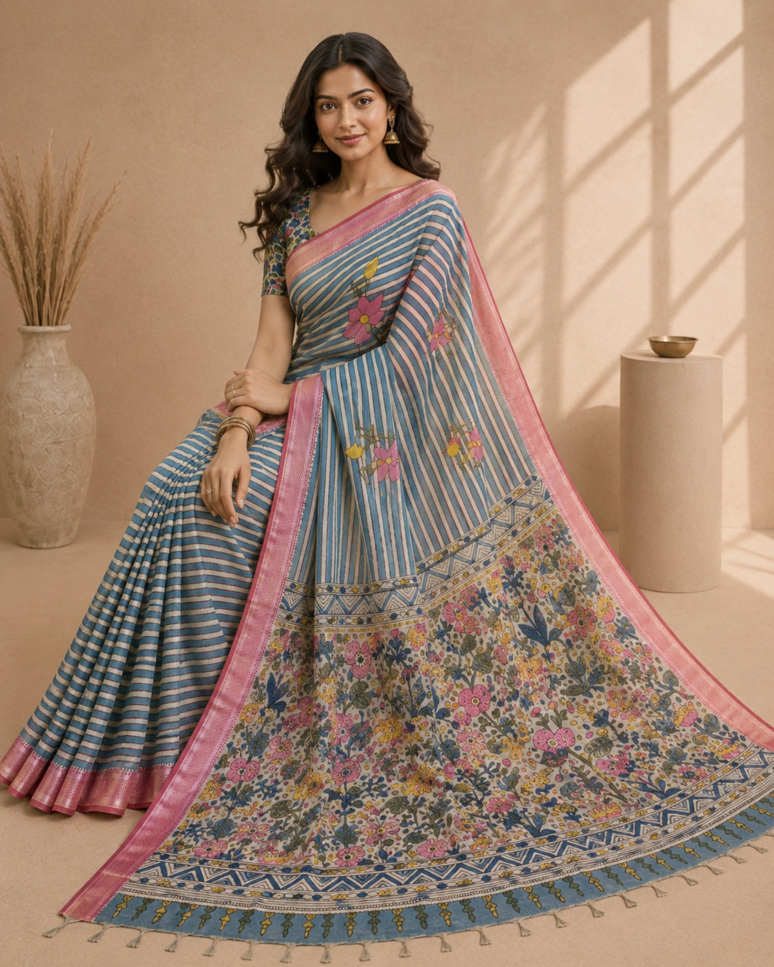 Elegant Kalamkari Floral Cotton Silk Saree with Striped Pallu & Contrast Blouse | Traditional Indian Ethnic Wear