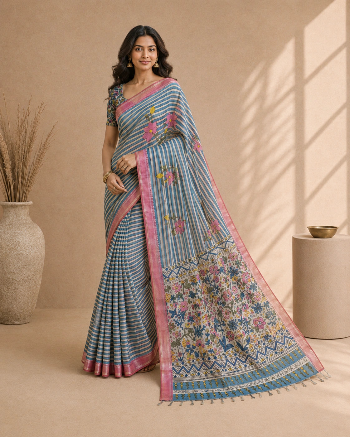 Elegant Kalamkari Floral Cotton Silk Saree with Striped Pallu & Contrast Blouse | Traditional Indian Ethnic Wear