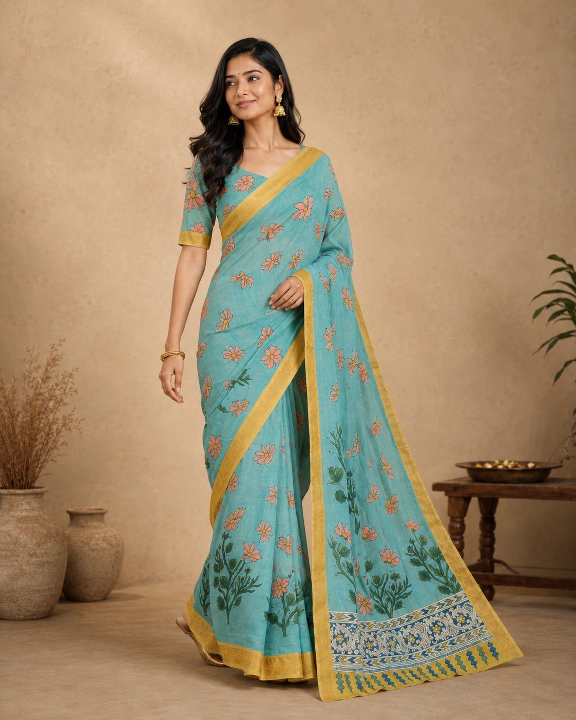 Teal Blue Kalamkari Floral Cotton Silk Saree with Gold Border | Elegant Ethnic Wear for Women