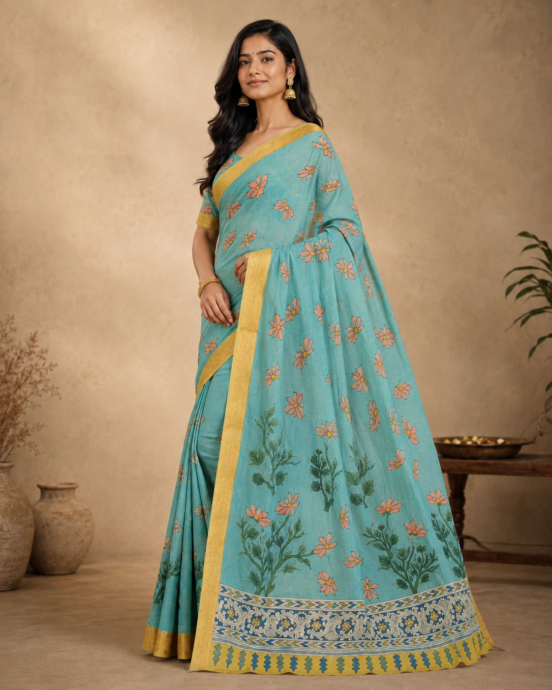 Teal Blue Kalamkari Floral Cotton Silk Saree with Gold Border | Elegant Ethnic Wear for Women