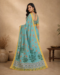Teal Blue Kalamkari Floral Cotton Silk Saree with Gold Border | Elegant Ethnic Wear for Women