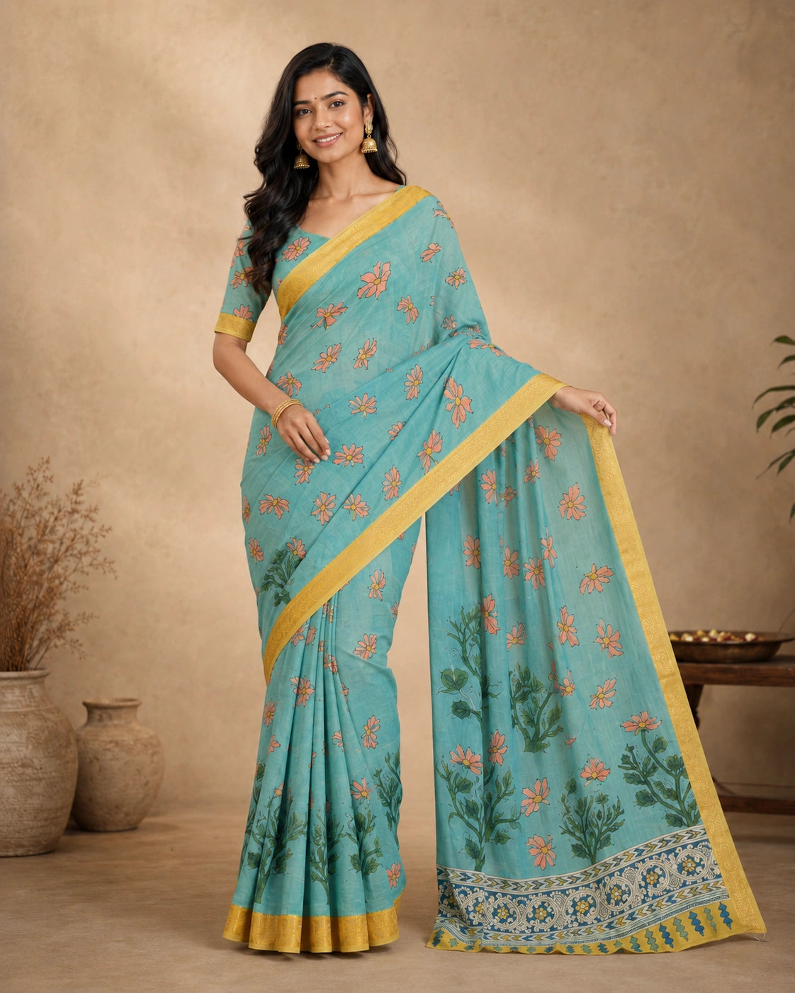 Teal Blue Kalamkari Floral Cotton Silk Saree with Gold Border | Elegant Ethnic Wear for Women