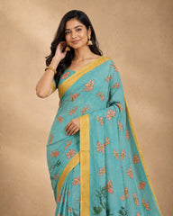 Teal Blue Kalamkari Floral Cotton Silk Saree with Gold Border | Elegant Ethnic Wear for Women