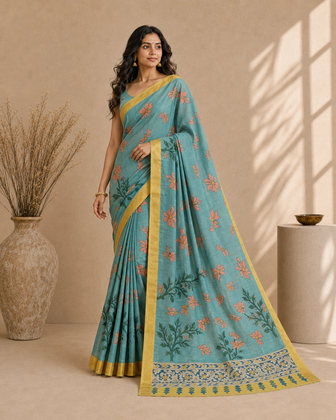 Teal Blue Kalamkari Floral Cotton Silk Saree with Gold Border | Elegant Ethnic Wear for Women