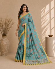 Teal Blue Kalamkari Floral Cotton Silk Saree with Gold Border | Elegant Ethnic Wear for Women