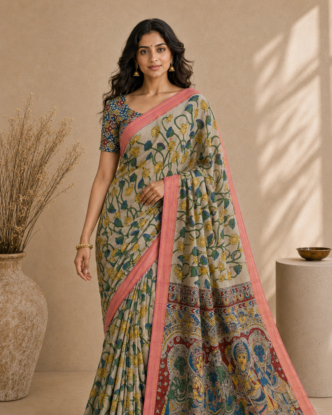 Kalamkari Printed Cotton Silk Saree with Contrast Border & Designer Blouse Piece | Floral & Mythological Pallu Saree