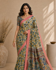Kalamkari Printed Cotton Silk Saree with Contrast Border & Designer Blouse Piece | Floral & Mythological Pallu Saree