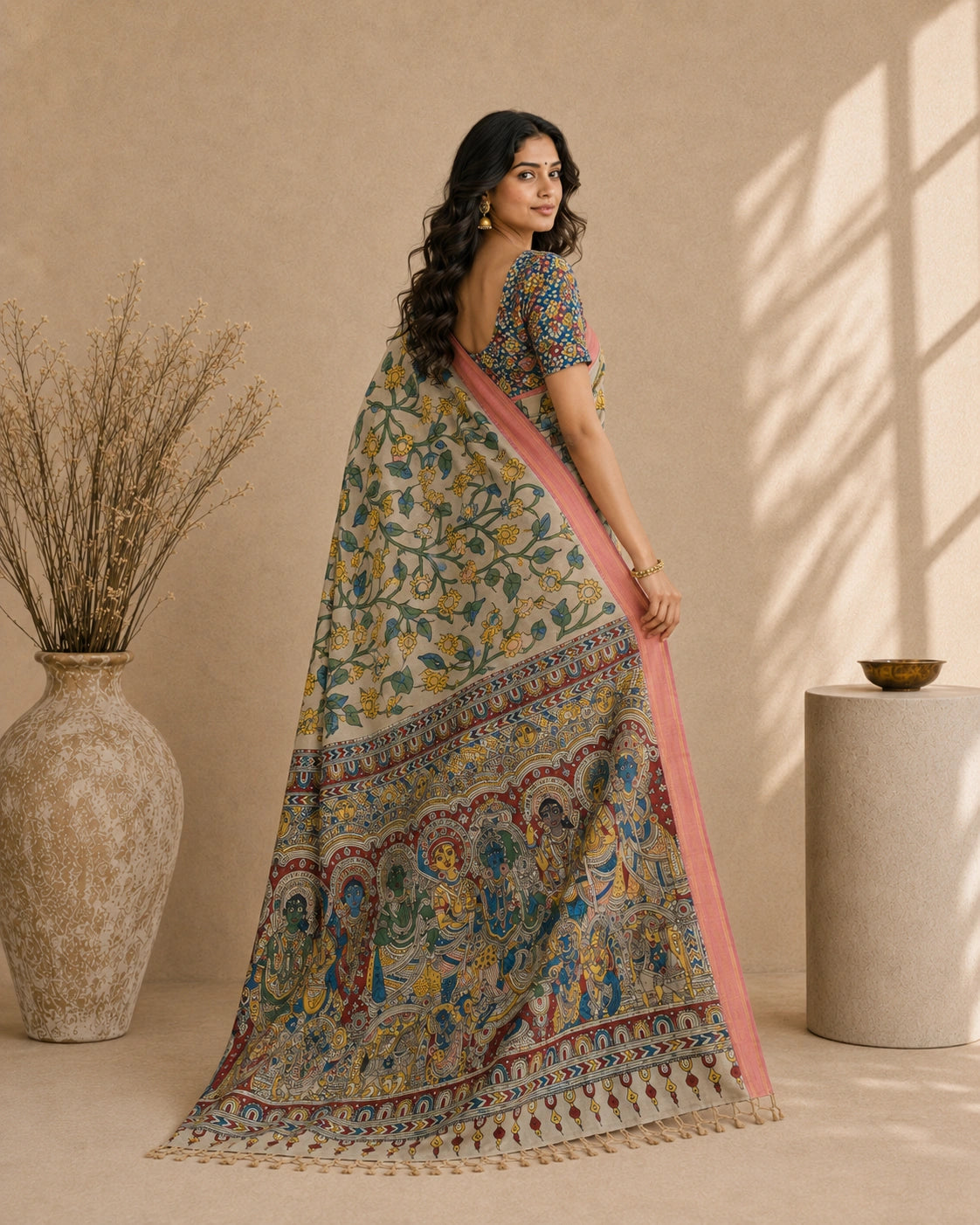 Kalamkari Printed Cotton Silk Saree with Contrast Border & Designer Blouse Piece | Floral & Mythological Pallu Saree