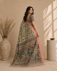 Kalamkari Printed Cotton Silk Saree with Contrast Border & Designer Blouse Piece | Floral & Mythological Pallu Saree