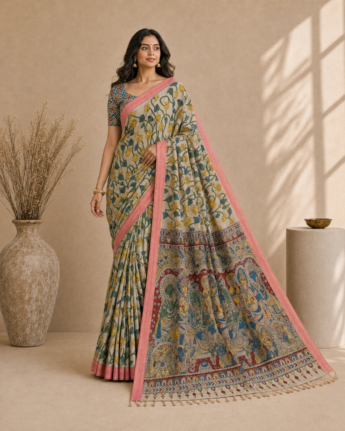 Kalamkari Printed Cotton Silk Saree with Contrast Border & Designer Blouse Piece | Floral & Mythological Pallu Saree