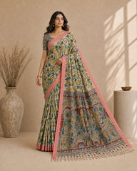 Kalamkari Printed Cotton Silk Saree with Contrast Border & Designer Blouse Piece | Floral & Mythological Pallu Saree