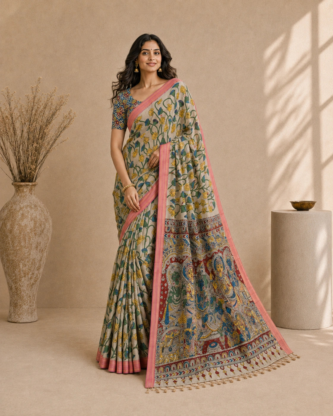 Kalamkari Printed Cotton Silk Saree with Contrast Border & Designer Blouse Piece | Floral & Mythological Pallu Saree