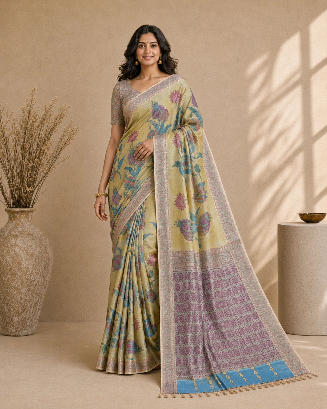Kalamkari Cotton Silk Saree with Floral Motifs | Elegant Ethnic Wear Saree for Festive, Casual & Traditional Occasions