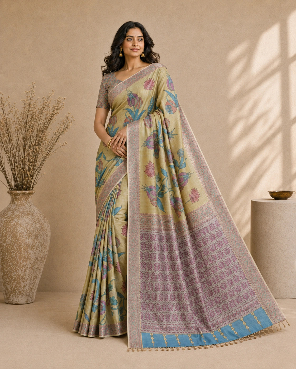 Kalamkari Cotton Silk Saree with Floral Motifs | Elegant Ethnic Wear Saree for Festive, Casual & Traditional Occasions