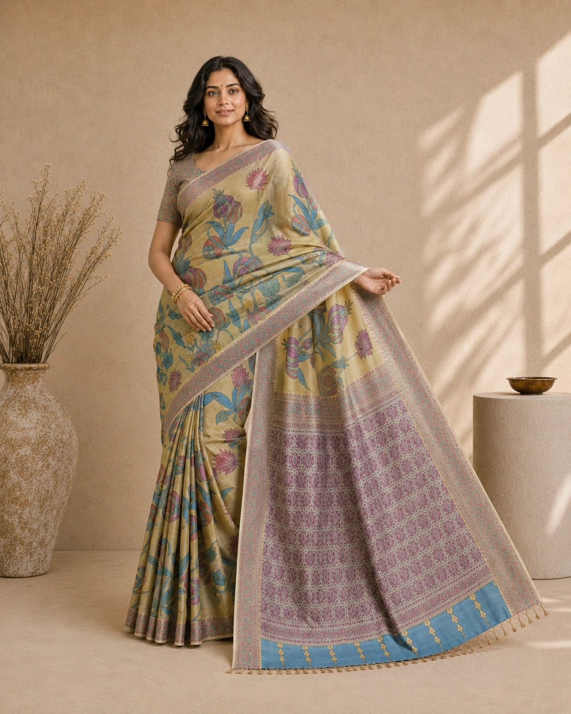 Kalamkari Cotton Silk Saree with Floral Motifs | Elegant Ethnic Wear Saree for Festive, Casual & Traditional Occasions