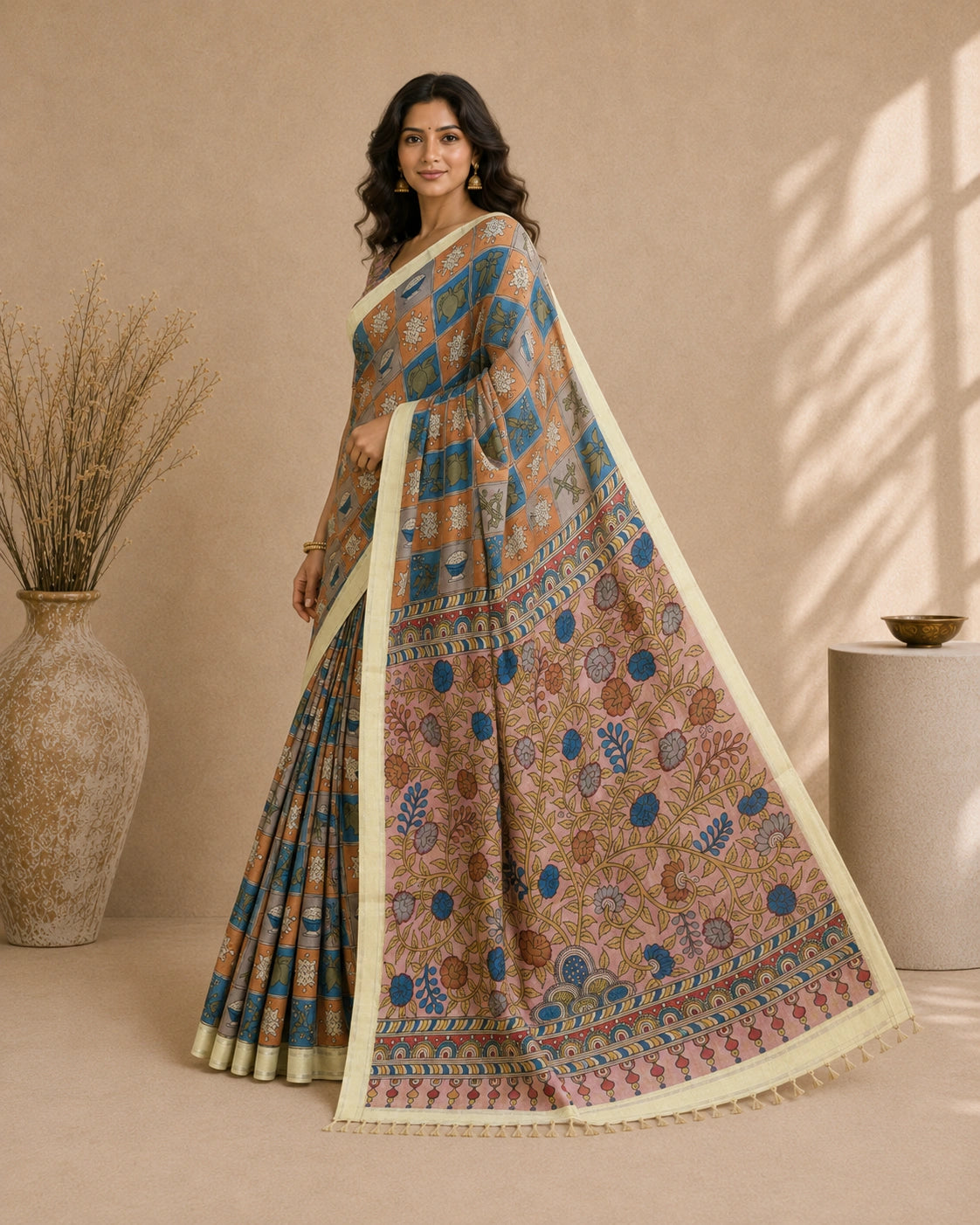 Kalamkari Design Cotton Silk Saree for Women | Elegant Floral & Traditional Print Saree | Lightweight Festive & Daily Wear | Kalakarie