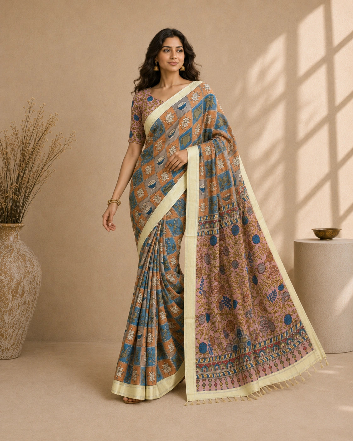 Kalamkari Design Cotton Silk Saree for Women | Elegant Floral & Traditional Print Saree | Lightweight Festive & Daily Wear | Kalakarie