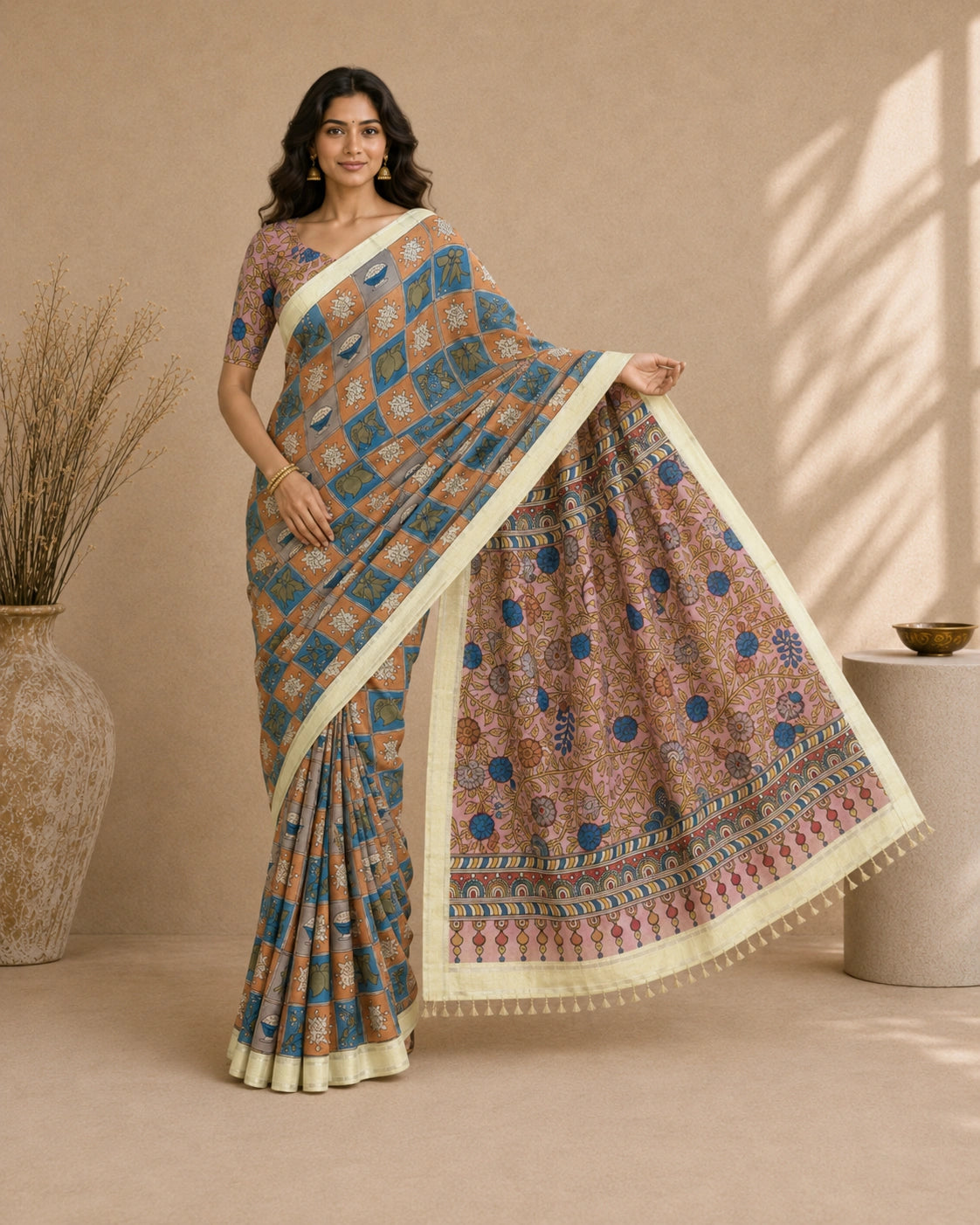 Kalamkari Design Cotton Silk Saree for Women | Elegant Floral & Traditional Print Saree | Lightweight Festive & Daily Wear | Kalakarie