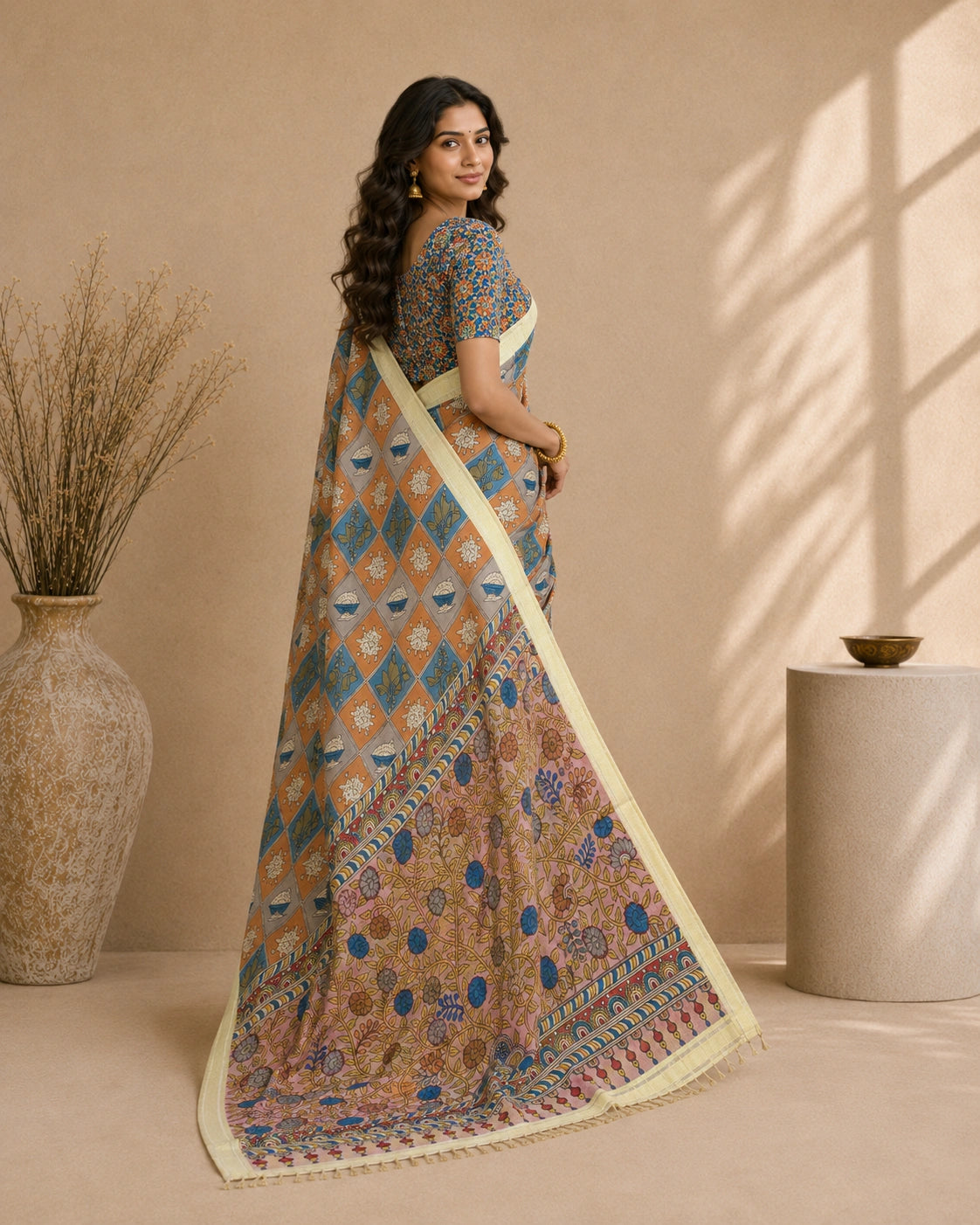 Kalamkari Design Cotton Silk Saree for Women | Elegant Floral & Traditional Print Saree | Lightweight Festive & Daily Wear | Kalakarie