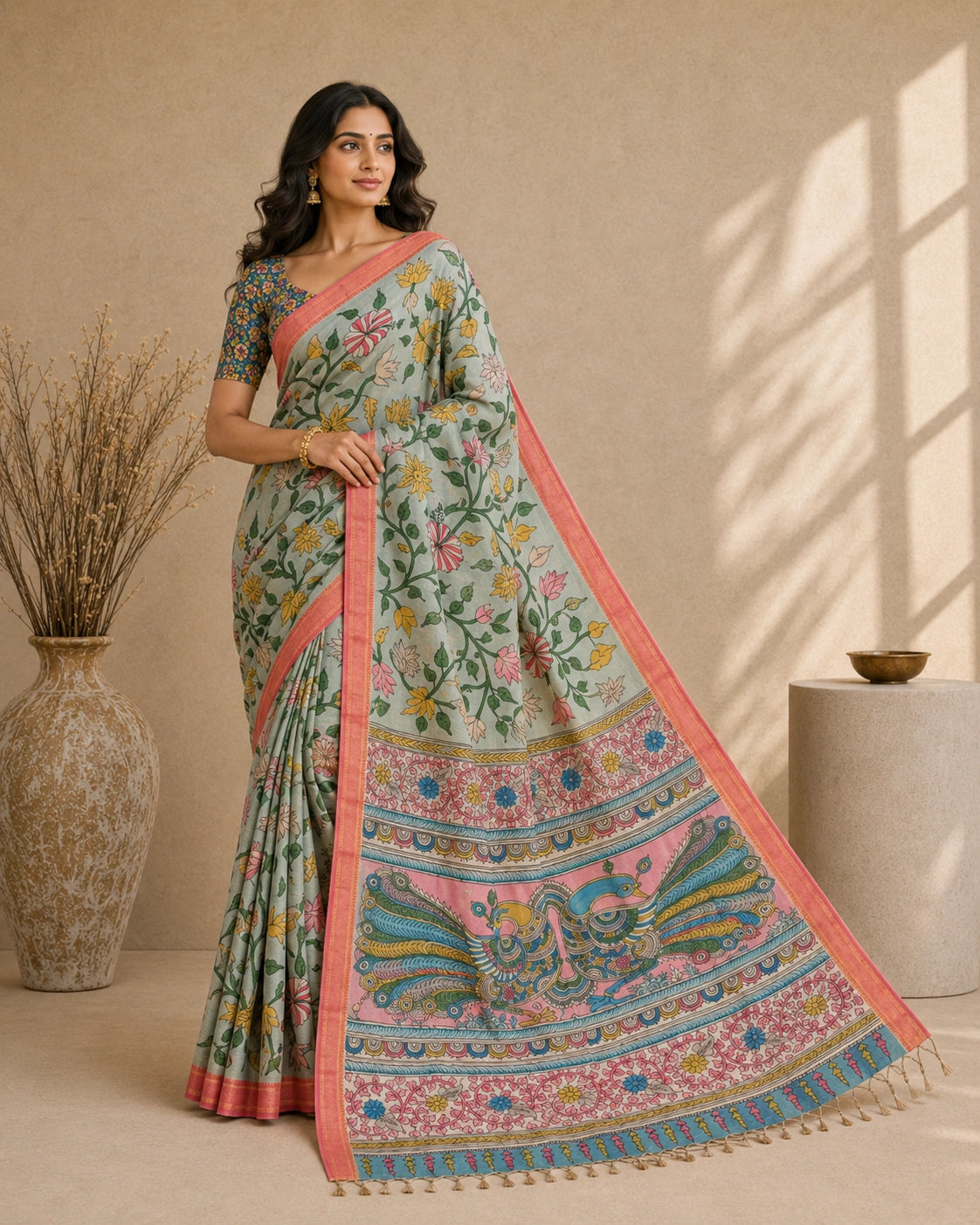 Floral Kalamkari Cotton Silk Saree with Contrast Border & Designer Blouse Piece