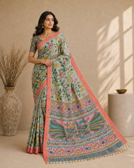 Floral Kalamkari Cotton Silk Saree with Contrast Border & Designer Blouse Piece