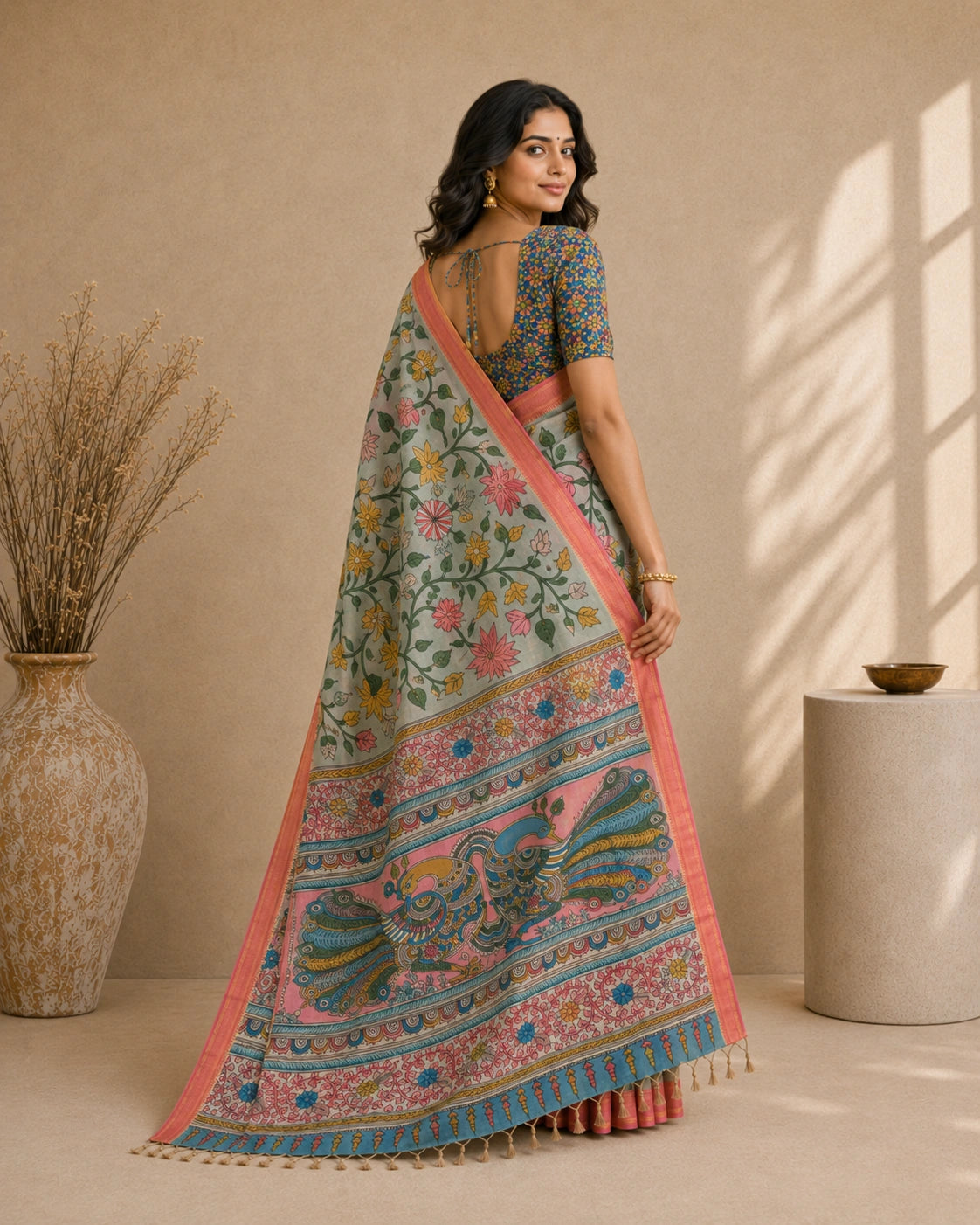 Floral Kalamkari Cotton Silk Saree with Contrast Border & Designer Blouse Piece