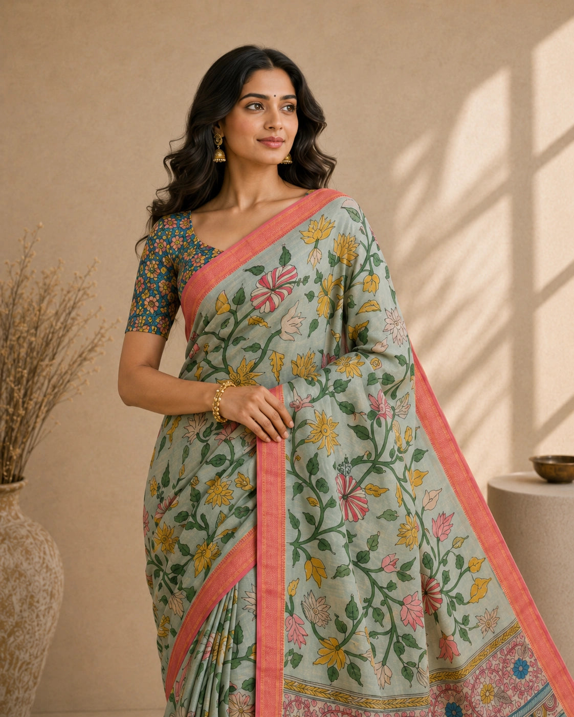 Floral Kalamkari Cotton Silk Saree with Contrast Border & Designer Blouse Piece