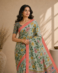 Floral Kalamkari Cotton Silk Saree with Contrast Border & Designer Blouse Piece