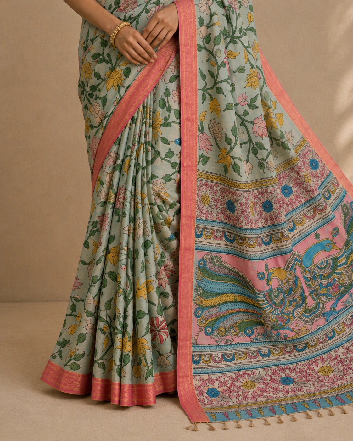 Floral Kalamkari Cotton Silk Saree with Contrast Border & Designer Blouse Piece