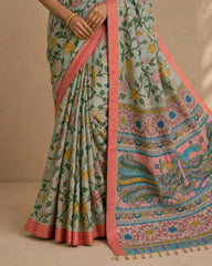 Floral Kalamkari Cotton Silk Saree with Contrast Border & Designer Blouse Piece