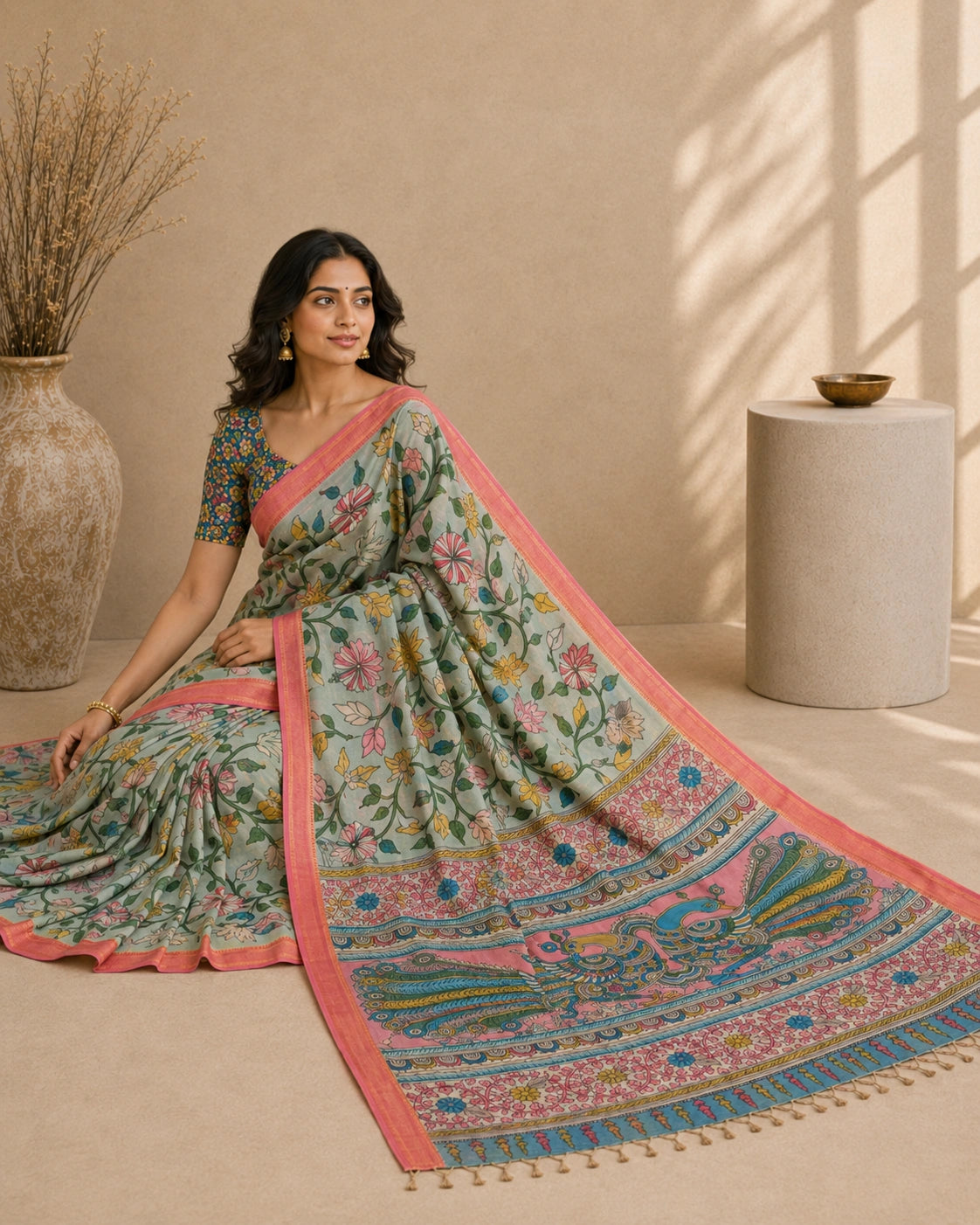 Floral Kalamkari Cotton Silk Saree with Contrast Border & Designer Blouse Piece